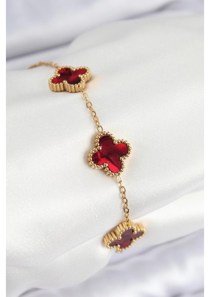 316L Çelik Sedefli Kırmızı Renk Yonca Kadın Bileklik