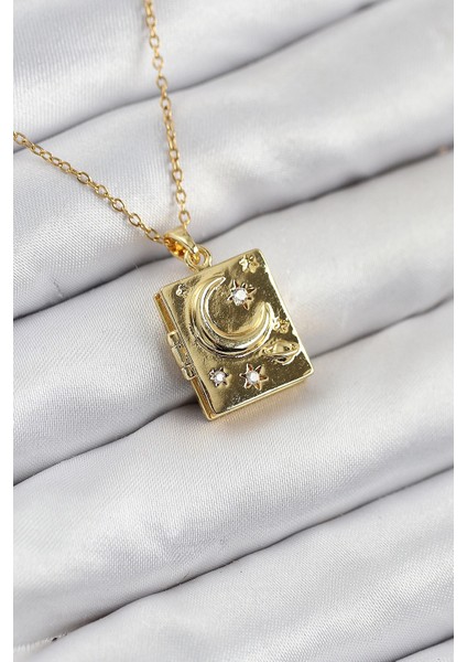 316L Çelik Zirkon Taşlı Açılabilr Kapaklı Kitap Renk Kadın Kolye