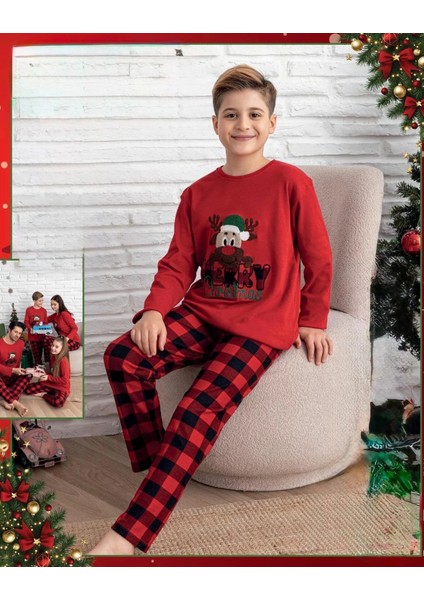 Yeni Yıl Interlok Pijama Takımı Kırmızı-Siyah