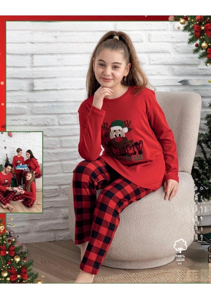 Yeni Yıl Interlok Pijama Takımı Kırmızı-Siyah