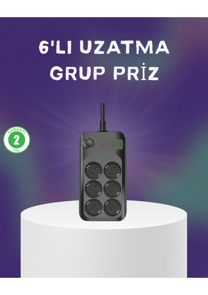 6 Prizli Çoklu Uzatma Kablosu USB Type-C Hızlı Şarj Termal Koruma