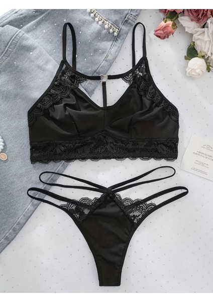 Kadınlar Için Tam Kapsamlı Eşleşen Iç Çamaşırı & Lingerie Takımı - Dantel Detaylı Sütyen & Külot Seti, Düz Renk Olgun Tarz, Günlük Kıyafetler Veya Özel Günler Için Rahat- Kadın Giyim