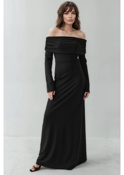 Kadın Madonna Yaka Yırtmaçlı Maxi Elbise Siyah