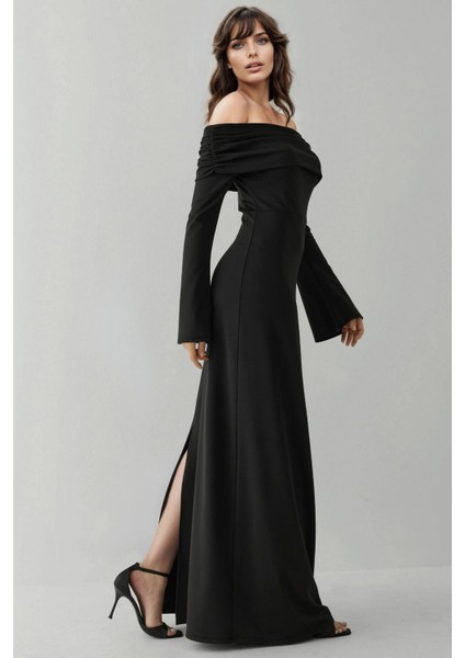 Kadın Madonna Yaka Yırtmaçlı Maxi Elbise Siyah fiyatları