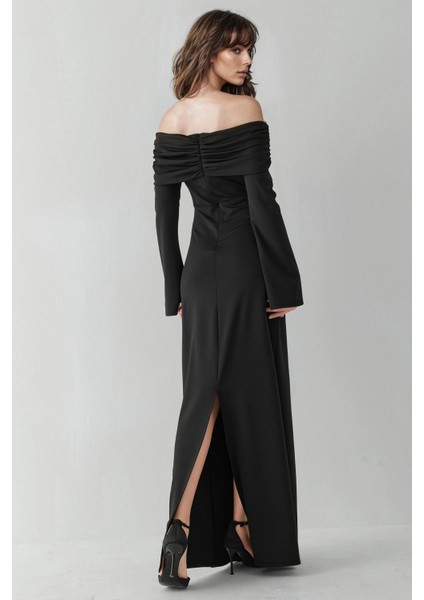 Kadın Madonna Yaka Yırtmaçlı Maxi Elbise Siyah modelleri