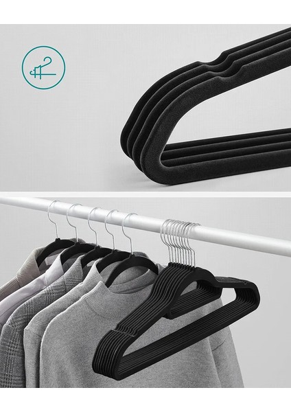Songmıcs Kadife Elbise Askısı 20'li Set Kaymaz Küçük Bağlantı Çubuğu 360° Dönen Kanca 0,6 cm Kalın Yerden Tasarruf 43,5 cm Uzun Coats Pantolon Için Gümüş Siyah CRF20B modelleri