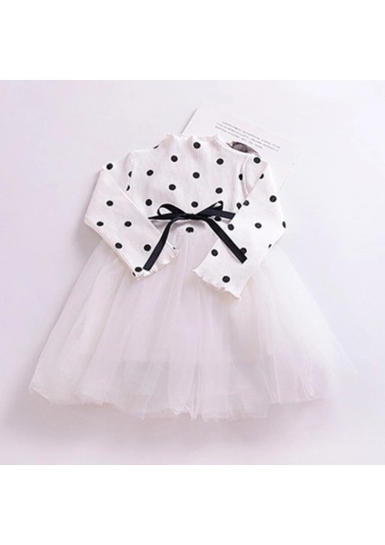 Linda Kız Çocuk Prenses Kabarık Tütü Elbise Uzun Kol Puantiyeli Esnek Likralı Tüllü Beyaz Elbise Yılbaşı Hediyesi