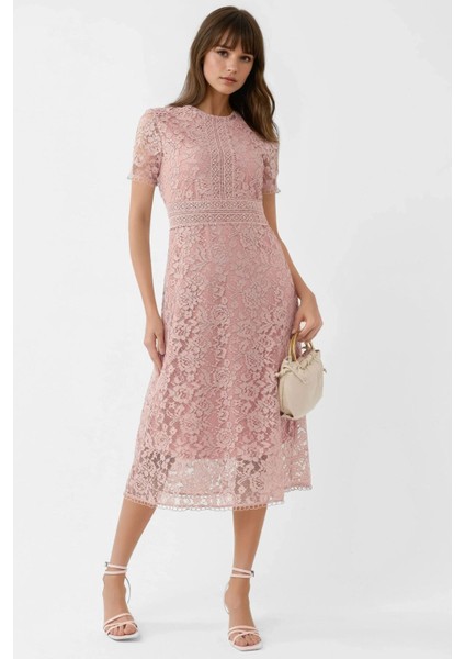 Kadın Dantel A-Line Midi Elbise Parlak Pembe
