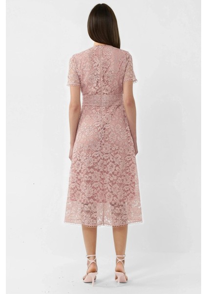 Kadın Dantel A-Line Midi Elbise Parlak Pembe indirimleri