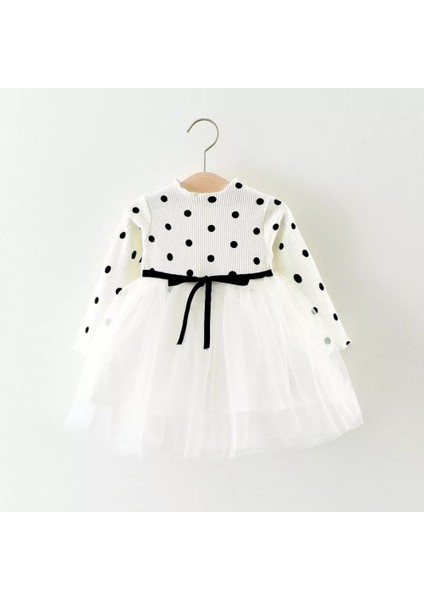 Linda Kız Bebek Çocuk Prenses Kabarık Tütü Elbise Uzun Kol Puantiyeli Esnek Likralı Tüllü Beyaz Elbise Yılbaşı Hediyesi fiyatları