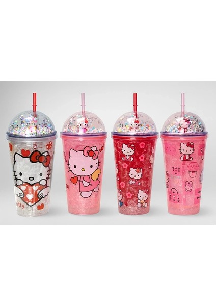 Sevimli Hello Kitty Işıklı Pipetli Boncuklu Suluk & Bardak 400 ml ALK3145