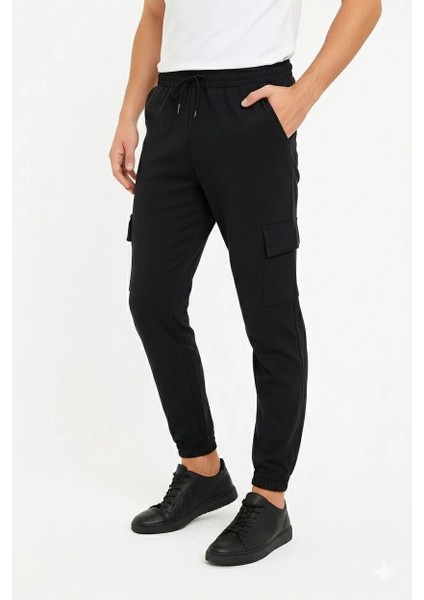 Erkek Siyah Jogger Eşofman Altı Rahat Kalıp, Kargo Cepli, Lastikli Paça, Günlük Spor Pantolon - Siyah