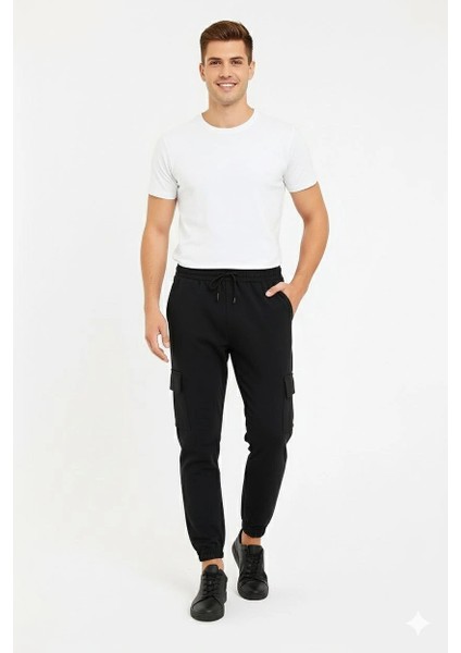 Erkek Siyah Jogger Eşofman Altı Rahat Kalıp, Kargo Cepli, Lastikli Paça, Günlük Spor Pantolon - Siyah modelleri