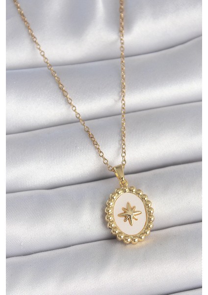 316L Çelik Renk Zincir Beyaz Mineli Kutup Yıldız Işlemeli Madalyon Kadın Kolye