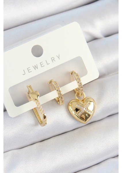 Pirinç Zirkon Taşlı Kalp Renk 3'lü Çift Kadın Küpe Set