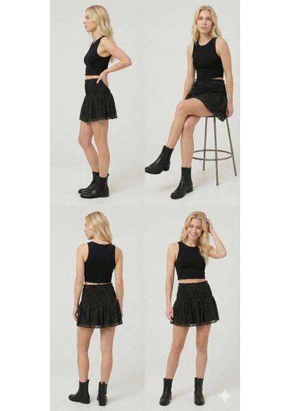 Simli Buzzy Kumaş Astarlı Kısa Volanlı Mini Etek modelleri