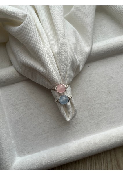 8 mm Akuamarin & Pembe Kuvars Taşı Gümüş Renk Tel Yüzük El Yapımı