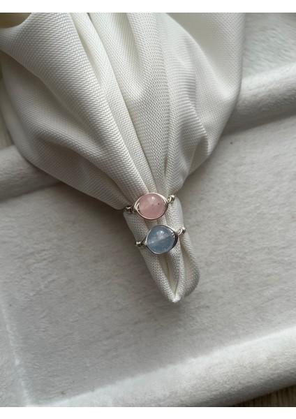 8 mm Akuamarin & Pembe Kuvars Taşı Gümüş Renk Tel Yüzük El Yapımı fiyatları