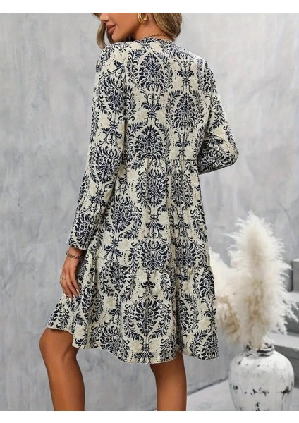Kadın Uzun Kollu V Yakalı Fırfırlı Mini Süprem Elbise