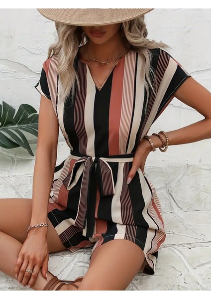 Kadın Kısa Kollu V Yakalı Beli Kuşaklı Keten Tulum modelleri