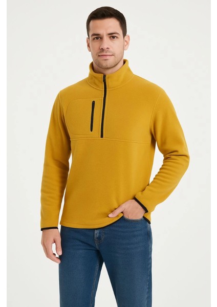 Erkek Polar Kazak – Dik Yaka, Yarım Fermuarlı, Fermuarlı Göğüs Cepli, Siyah Biyeli, Kışlık Rahat Regular Fit Günlük Model - Sarı fırsatları