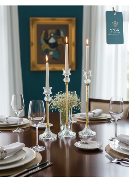 Luxury | Versailles | Zarif 3'lü Kristal Şamdan Seti (25-33-42 Cm) | Dekoratif Mumluk Takımı