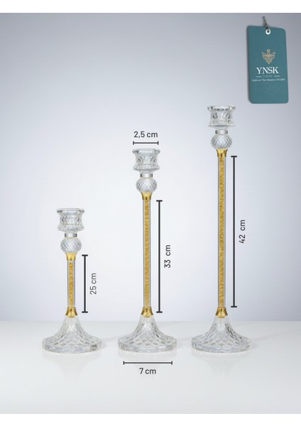 Luxury | Versailles | Zarif 3'lü Kristal Şamdan Seti (25-33-42 Cm) | Dekoratif Mumluk Takımı