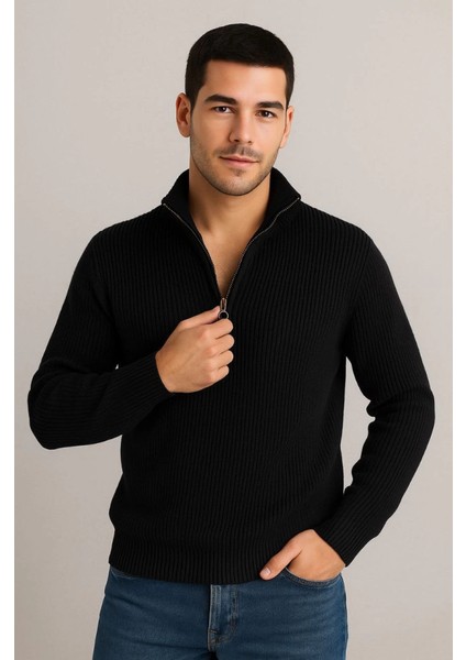 Erkek Yarım Fermuarlı Triko Kazak – Selanik Örgü, Dik Yaka, Pamuklu Dokuma, Regular Fit Uzun Kollu Kışlık Model - Siyah