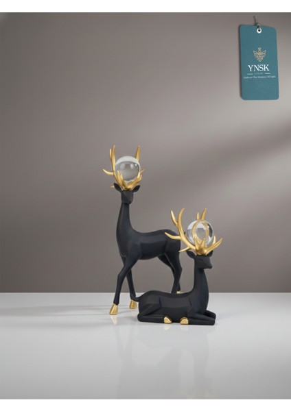 Luxury | Forest | Lüks 2'li Gold Boynuz Geyik Kristal Küre Detaylı Dekor Obje