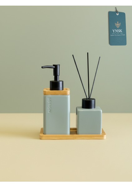 Luxury | Lotion | Lüks Banyo Seti, Seramik Sıvı Sabunluk, Seramik Oda Kokusu Şişesi, Bambu Tepsi