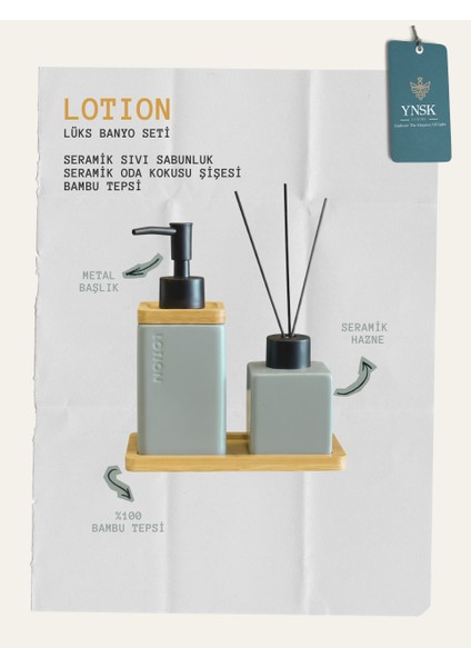 Luxury | Lotion | Lüks Banyo Seti, Seramik Sıvı Sabunluk, Seramik Oda Kokusu Şişesi, Bambu Tepsi modelleri