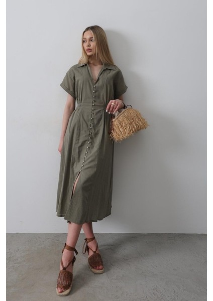 Önü Düğmeli Kısa Kol Elbise - Haki