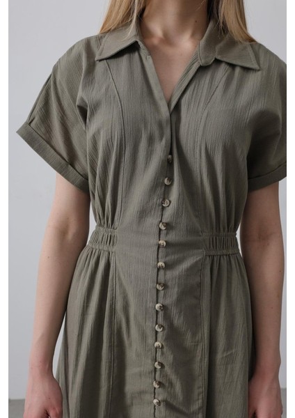 Önü Düğmeli Kısa Kol Elbise - Haki fırsatları