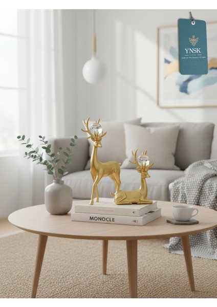 Luxury | Forest | Lüks 2'li Gold Boynuz Geyik Kristal Küre Detaylı Dekor Obje fiyatları