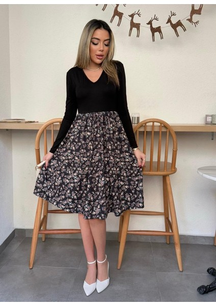 Kadın Uzun Kollu V Yakalı Üst Viskon Alt Çiçek Desenli Süprem Kısa Elbise fırsatları