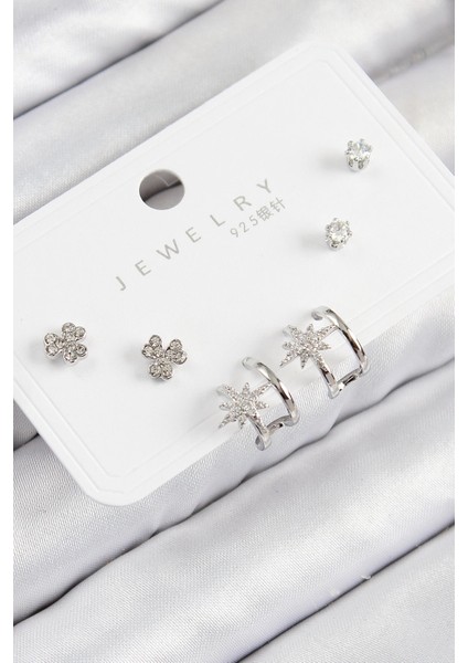 Pirinç Zirkon Taşlı Kutup Yıldızı Gümüş Renk 925 Ayar Gümüş Çivi Kadın Küpe Set