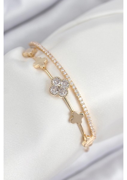 Pirinç Zirkon Taşlı Yonca Renk Kadın Bileklik