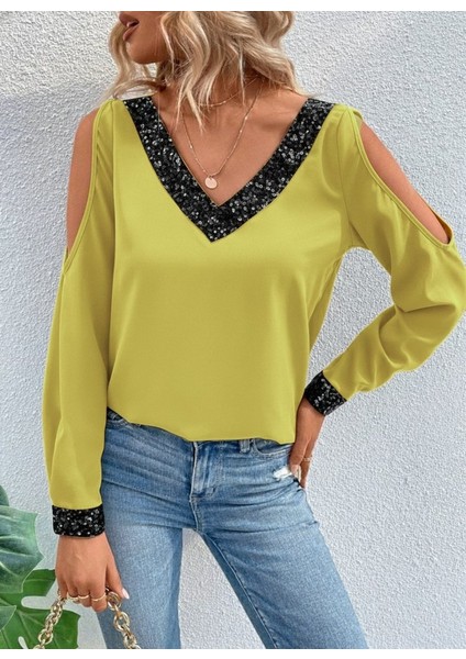 Kadın Uzun Kollu V Yakalı Omuzlardan Açık Sandy Bluz