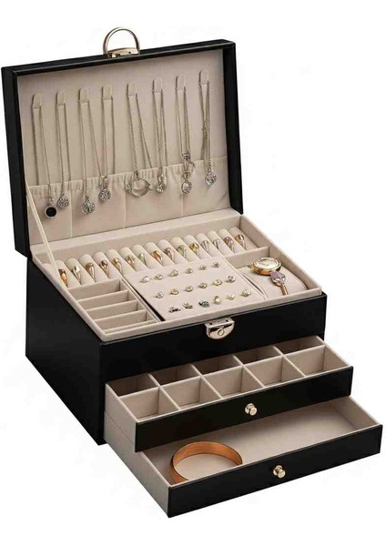 Premium Siyah Deri Dış Kaplama, Kadife Iç Tasarım – Çok Katlı Takı Kutusu ve Düzenleyici fırsatları