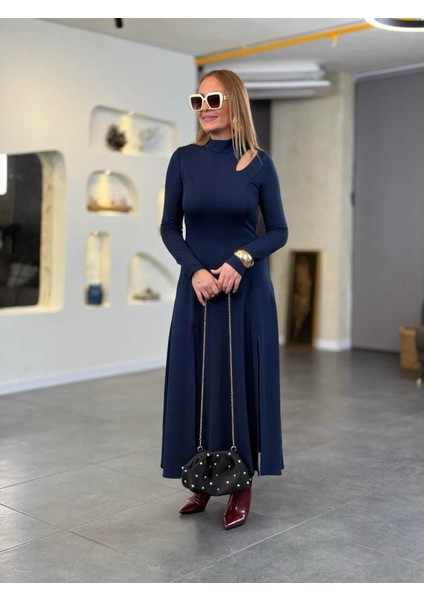 Kadın Balıkçı Yaka Damla Detaylı Yırtmaçlı Uzun Viskon Iki Iplik Maxi Elbise modelleri