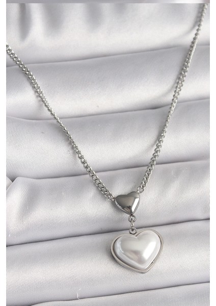 316L Çelik Gümüş Renk Zincir 3D Kalp Kadın Kolye