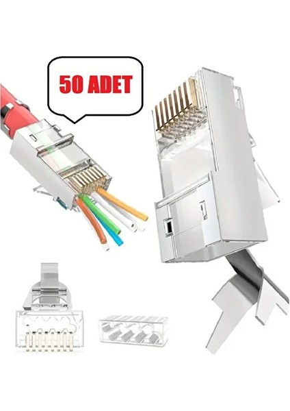 50 Adet Yeni Nesil Delikli Cat7 Metal RJ45 Konektörü Cat7 Stp 8P8C Ethernet Kablosu Konnektörü