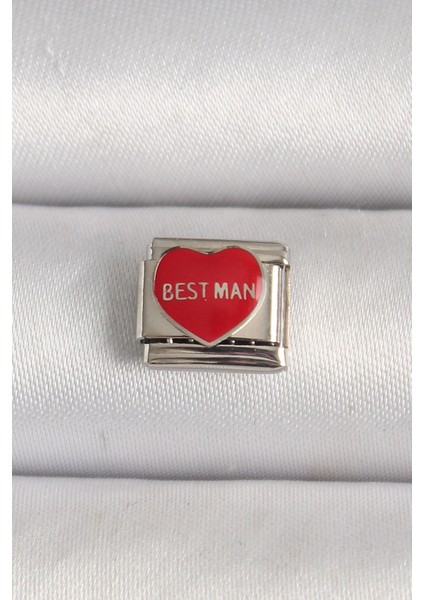 316L Çelik Gümüş Renk 'best Man' Yazılı Kırmızı Kalp Işlemeli Nomination Charm