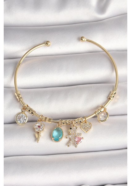 Pirinç Renk Sallantı Zirkon Taşlı Ayıcık Figür Kalp Detay Charm Kadın Bileklik