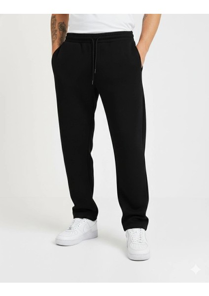 Erkek Üç Iplik Kışlık Pamuklu Ovarsize Bağcıklı Düz Paça Cepli Eşofman Altı Spor Rahat Model - Siyah