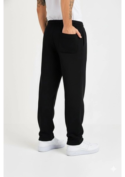 Erkek Üç Iplik Kışlık Pamuklu Ovarsize Bağcıklı Düz Paça Cepli Eşofman Altı Spor Rahat Model - Siyah fiyatları