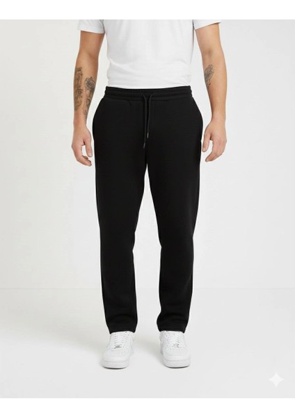 Erkek Üç Iplik Kışlık Pamuklu Ovarsize Bağcıklı Düz Paça Cepli Eşofman Altı Spor Rahat Model - Siyah fırsatları