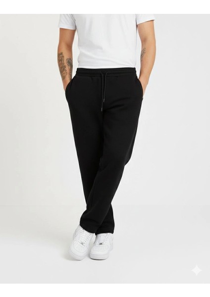 Erkek Üç Iplik Kışlık Pamuklu Ovarsize Bağcıklı Düz Paça Cepli Eşofman Altı Spor Rahat Model - Siyah indirimleri