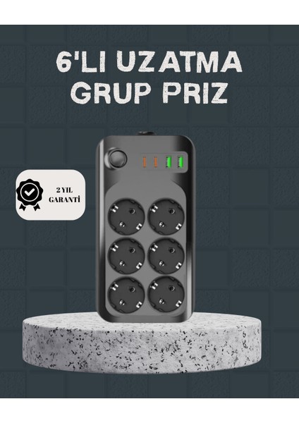 Termal Akım Korumalı 6’lı Uzatma Priz USB Type-C Hızlı Şarj 2500W
