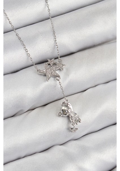 Pirinç Zirkon Taşlı Sallantılı Ayıcıklı Yıldız Gümüş Renk Kadın Kolye